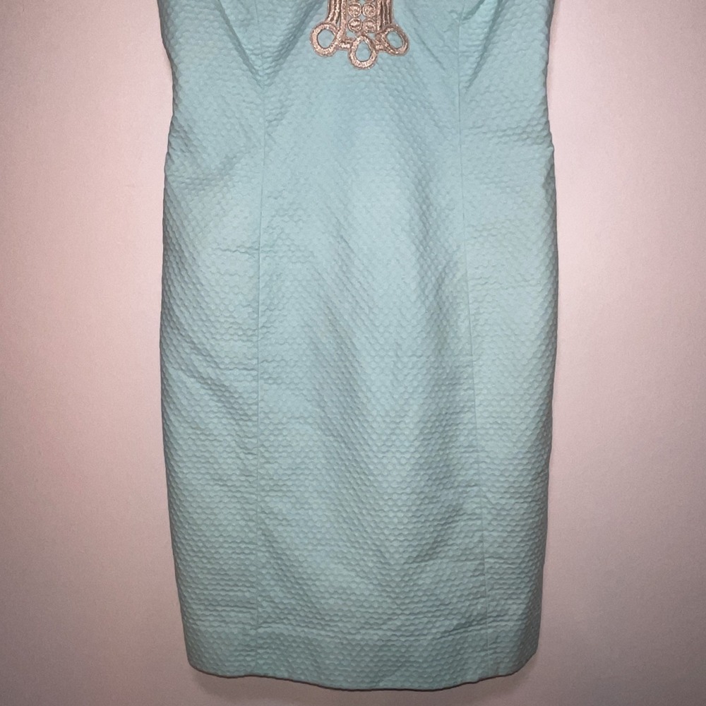 Lilly Pulitzer Bay Dress Size 0 Aqua Blue Textured Shift Embroidered Neckline - Picture 3 of 10